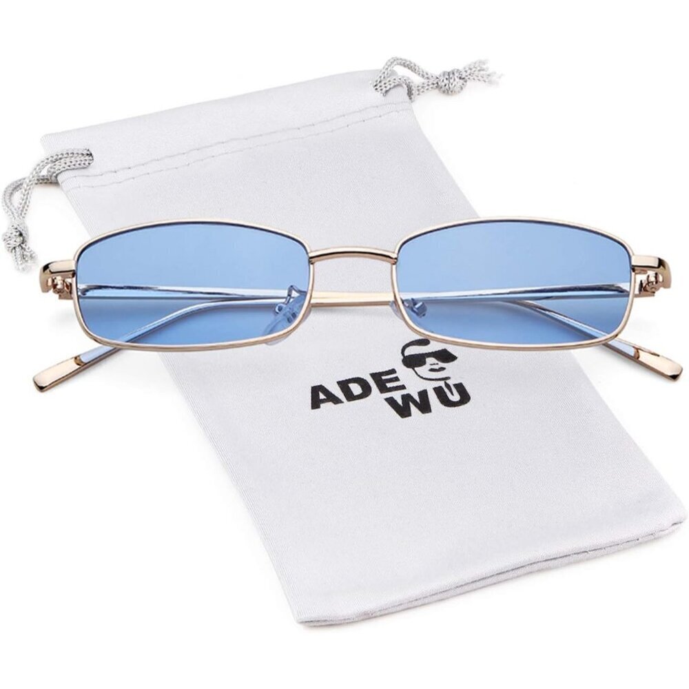 Small Metal Rectangle Sunglasses Womens Mens UV400 Blue Lenses